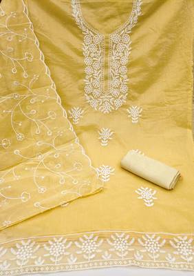 Women's yellow embroiderd chanderi cotton dress material 2