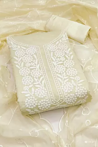 Women's white unstitched embroiderd chanderi cotton dress material 