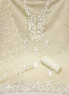 Women's white embroiderd chanderi cotton dress material 2