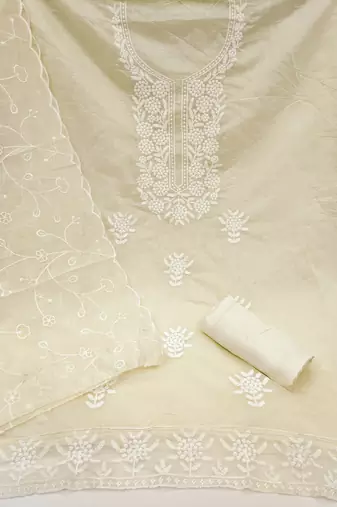 Women's white embroiderd chanderi cotton dress material