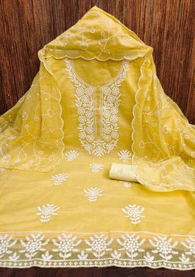 Women's yellow embroiderd chanderi cotton dress material 3