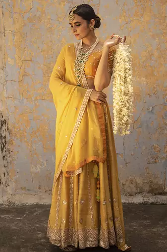 yellow embroidered silk Lehenga