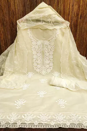 Women's white embroiderd chanderi cotton dress material
