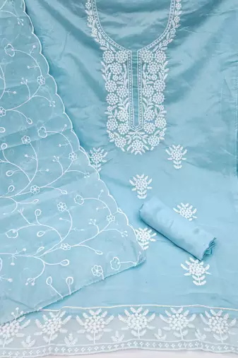 Women's sky blue embroiderd chanderi cotton dress material