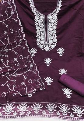 Women's purple embroiderd chanderi cotton dress material 2