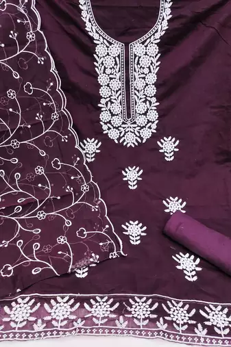 Women's purple embroiderd chanderi cotton dress material