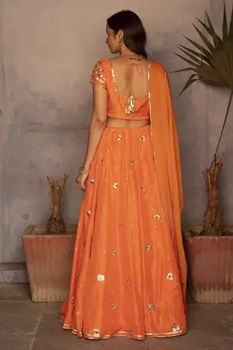 orange embroidered silk Lehenga