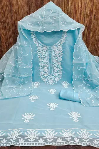 Women's sky blue embroiderd chanderi cotton dress material