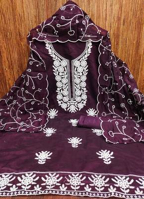 Women's purple embroiderd chanderi cotton dress material 3