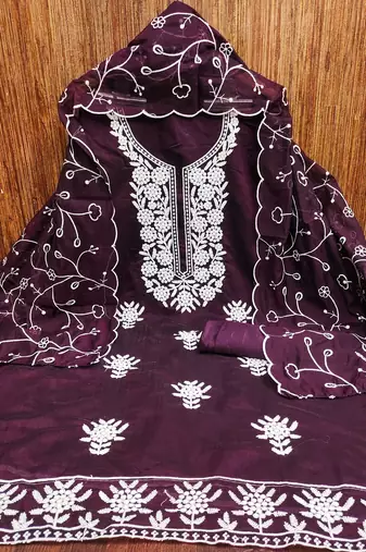Women's purple embroiderd chanderi cotton dress material
