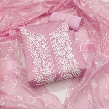 Women's baby pink embroiderd chanderi cotton dress material 1