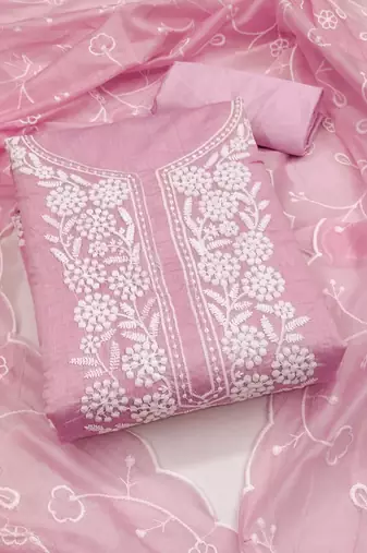 Women's baby pink unstitched embroiderd chanderi cotton dress material 