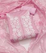 Women's baby pink unstitched embroiderd chanderi cotton dress material