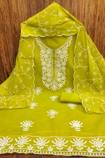Women's green embroiderd chanderi cotton dress material