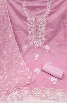 Women's baby pink embroiderd chanderi cotton dress material 2