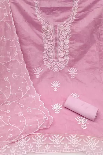 Women's baby pink embroiderd chanderi cotton dress material