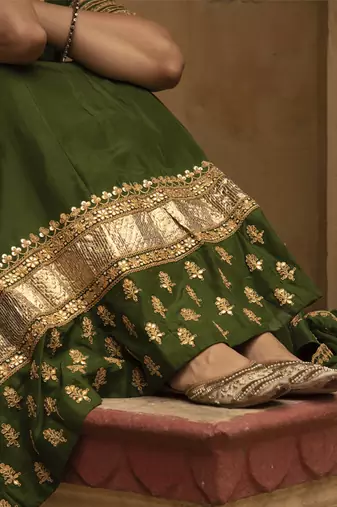 dark green embroidered silk Lehenga
