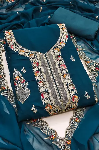 Women's teal blue unstitched embroiderd georgette dress material 