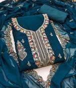 Women's teal blue unstitched embroiderd georgette dress material