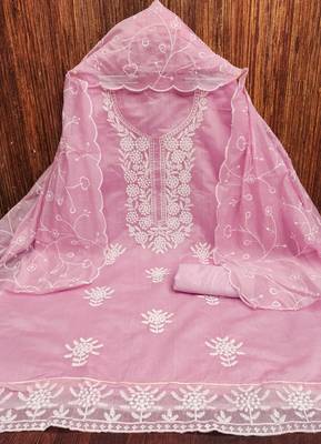 Women's baby pink embroiderd chanderi cotton dress material 3