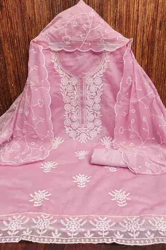 Women's baby pink embroiderd chanderi cotton dress material