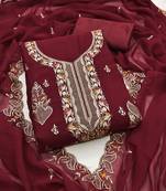 Women's maroon unstitched embroiderd georgette dress material