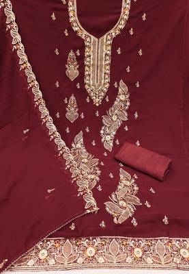 Women's maroon embroiderd georgette dress material 2