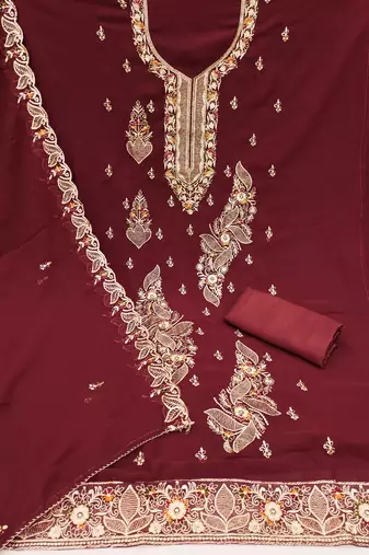 Women's maroon embroiderd georgette dress material