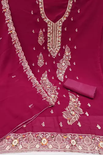 Women's magenta embroiderd georgette dress material