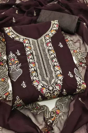 Women's brown unstitched embroiderd georgette dress material 