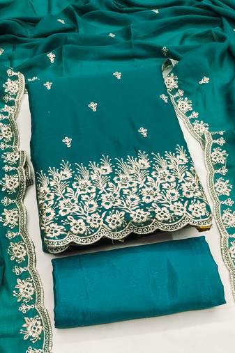 Women's sea green unstitched embroiderd georgette dress material 