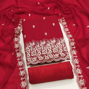 Women's red embroiderd georgette dress material 1