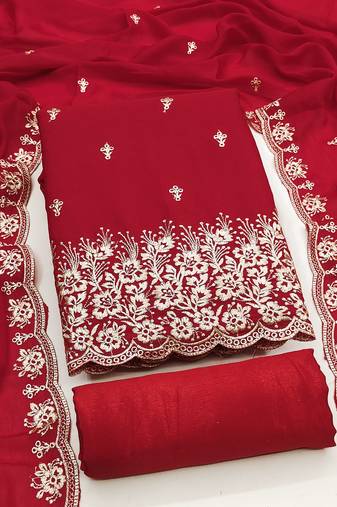 Women's red unstitched embroiderd georgette dress material 