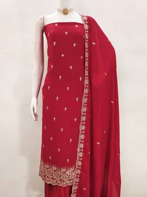Women's red embroiderd georgette dress material 2
