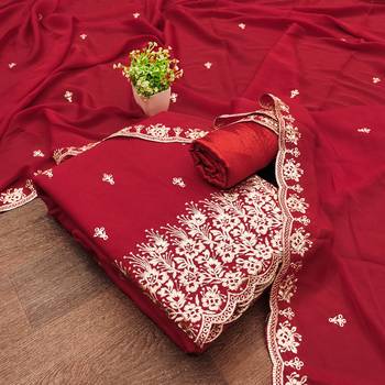 Women's red embroiderd georgette dress material 3