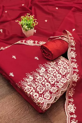Women's red embroiderd georgette dress material