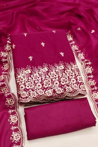 Women's magenta unstitched embroiderd georgette dress material 