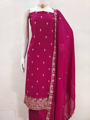 Women's magenta embroiderd georgette dress material 2