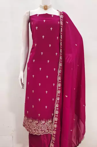 Women's magenta embroiderd georgette dress material