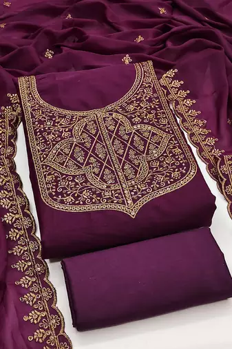 Women's voilet unstitched embroiderd georgette dress material 