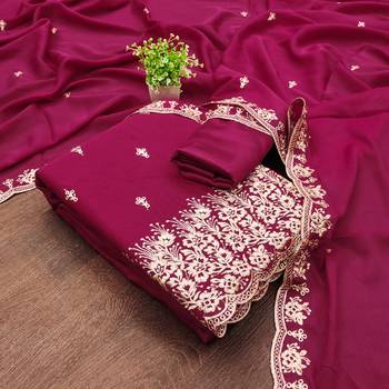 Women's magenta embroiderd georgette dress material 3