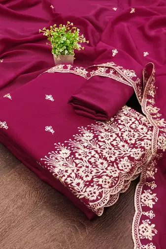 Women's magenta embroiderd georgette dress material