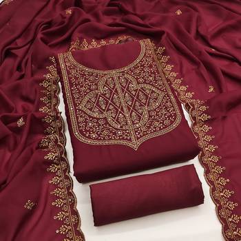 Women's maroon embroiderd georgette dress material 1