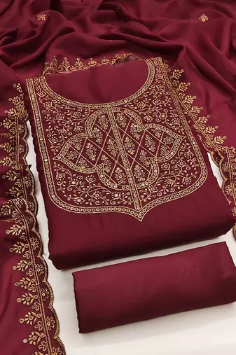 Women's maroon unstitched embroiderd georgette dress material 