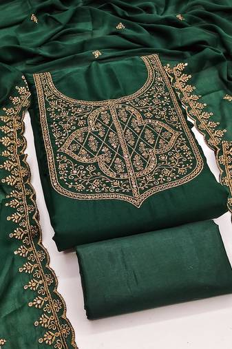 Women's green unstitched embroiderd georgette dress material 