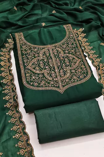Women's green unstitched embroiderd georgette dress material 