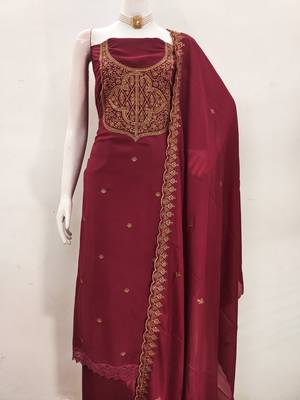 Women's maroon embroiderd georgette dress material 2