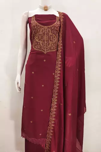 Women's maroon embroiderd georgette dress material