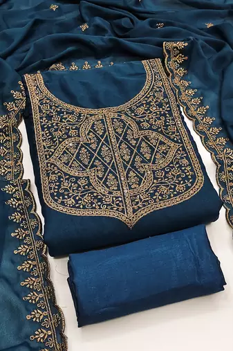 Women's blue unstitched embroiderd georgette dress material 
