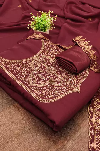 Women's maroon embroiderd georgette dress material